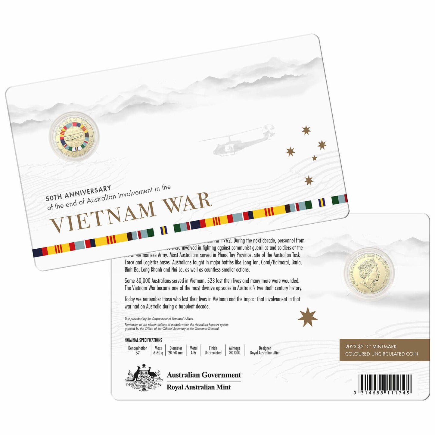 2023 $2 50TH ANNIVERSARY OF THE END OF AUSTRALIA'S INVOLVEMENT IN THE VIETNAM WAR COLOURED 'C' MINTMARK GOLD COIN